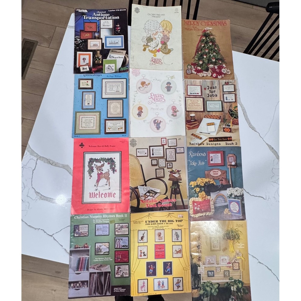 Vintage Cross Stitch Pattern Booklet Lot 12pc Precious Moments Leisure Arts 80s